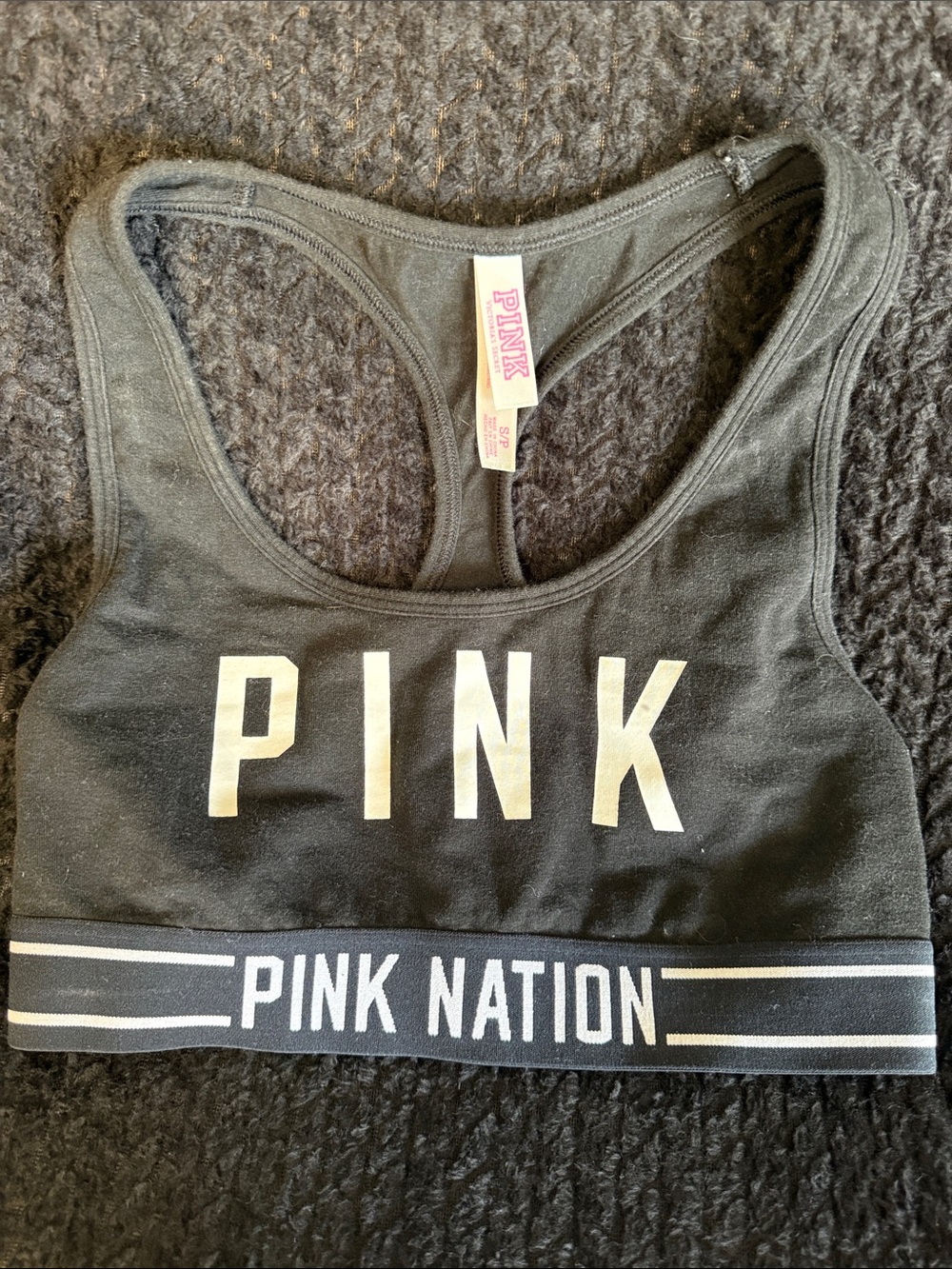 PINK Victoria's Secret Black & White 'PINK Nation' Racerback Sports Bra